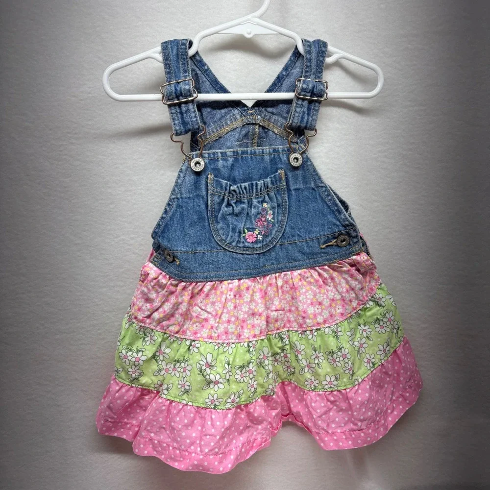 OshKosh B'gosh Baby Girls Denim Overalls Dress‎ Tiered Floral Ruffle Pink Green